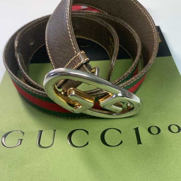Gucci Brown and Green Leather Belt with Gold Buckle - Picture 1 of 13